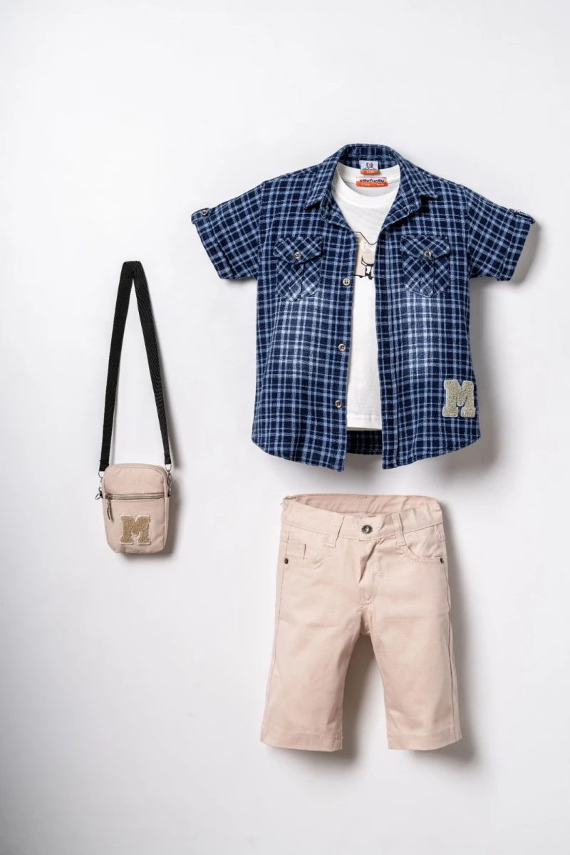 M NAKIŞLI ÇANTA AKSESUARLI GÖMLEKLİ ERKEK ÇOCUK 3 LÜ TAKIM 5877