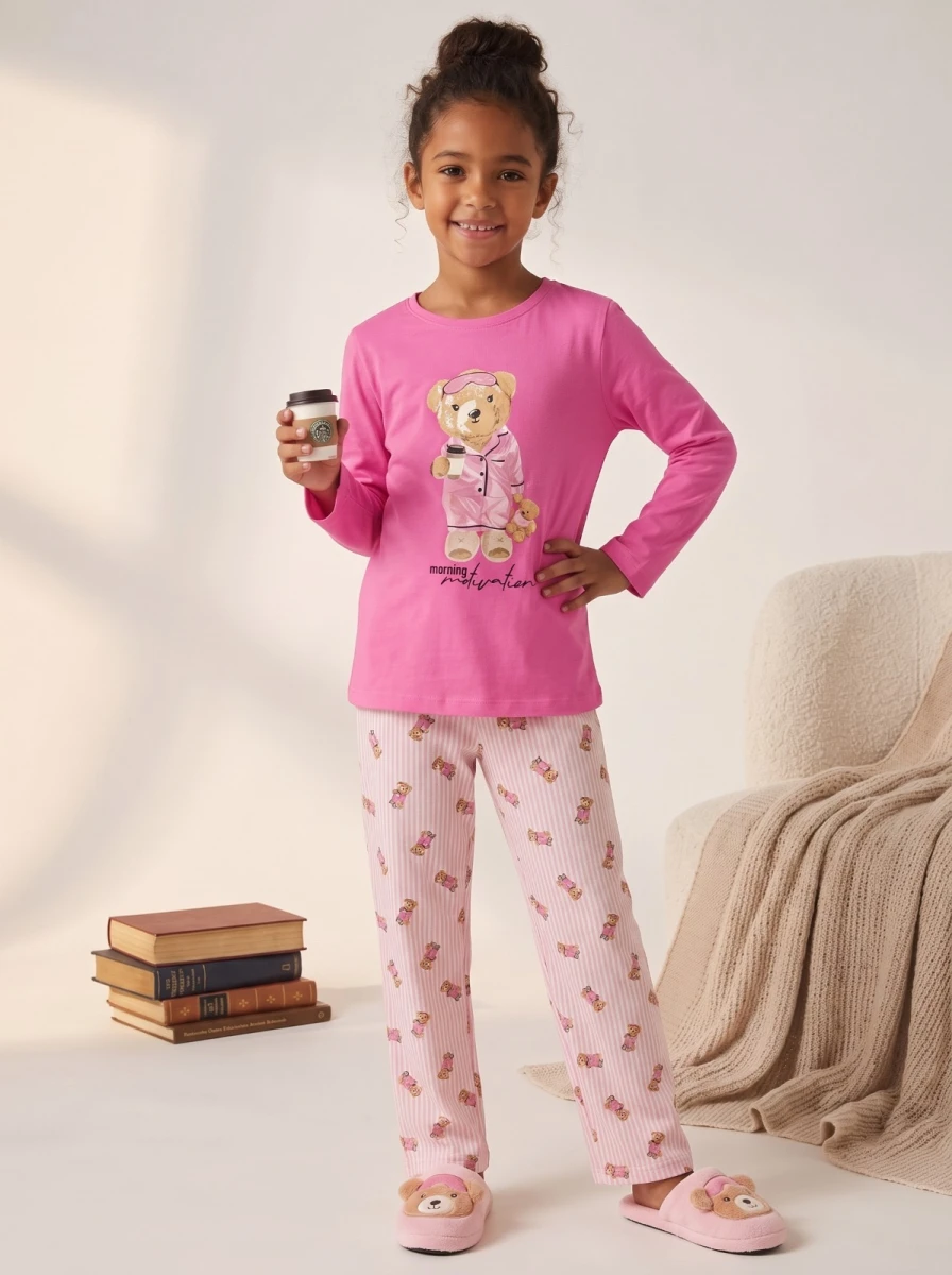 MORNING BEAR BASKILI PAMUKLU KIZ ÇOCUK PİJAMA TAKIMI 34964
