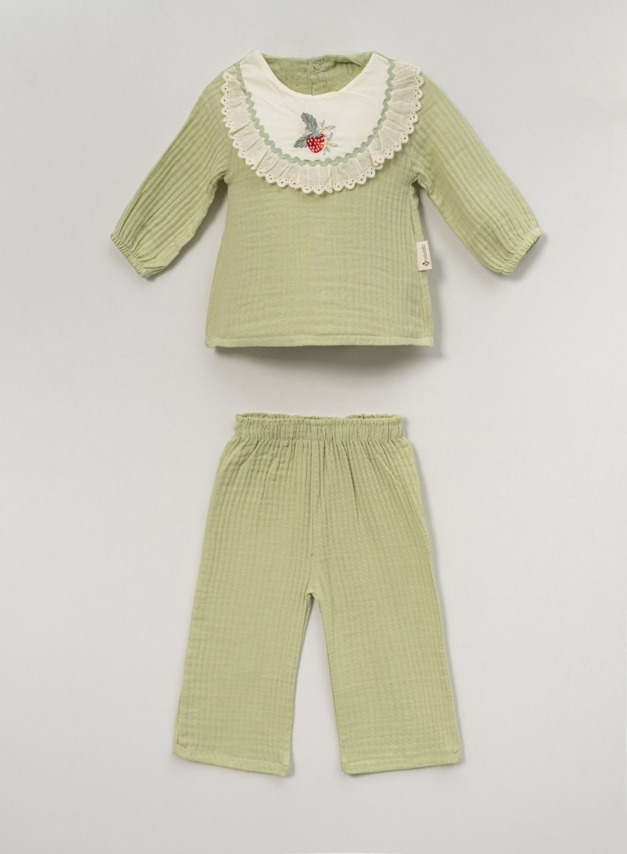 ÖN ROBA NAKIŞLI DANTELLİ KIZ BEBE TAKIM 3014