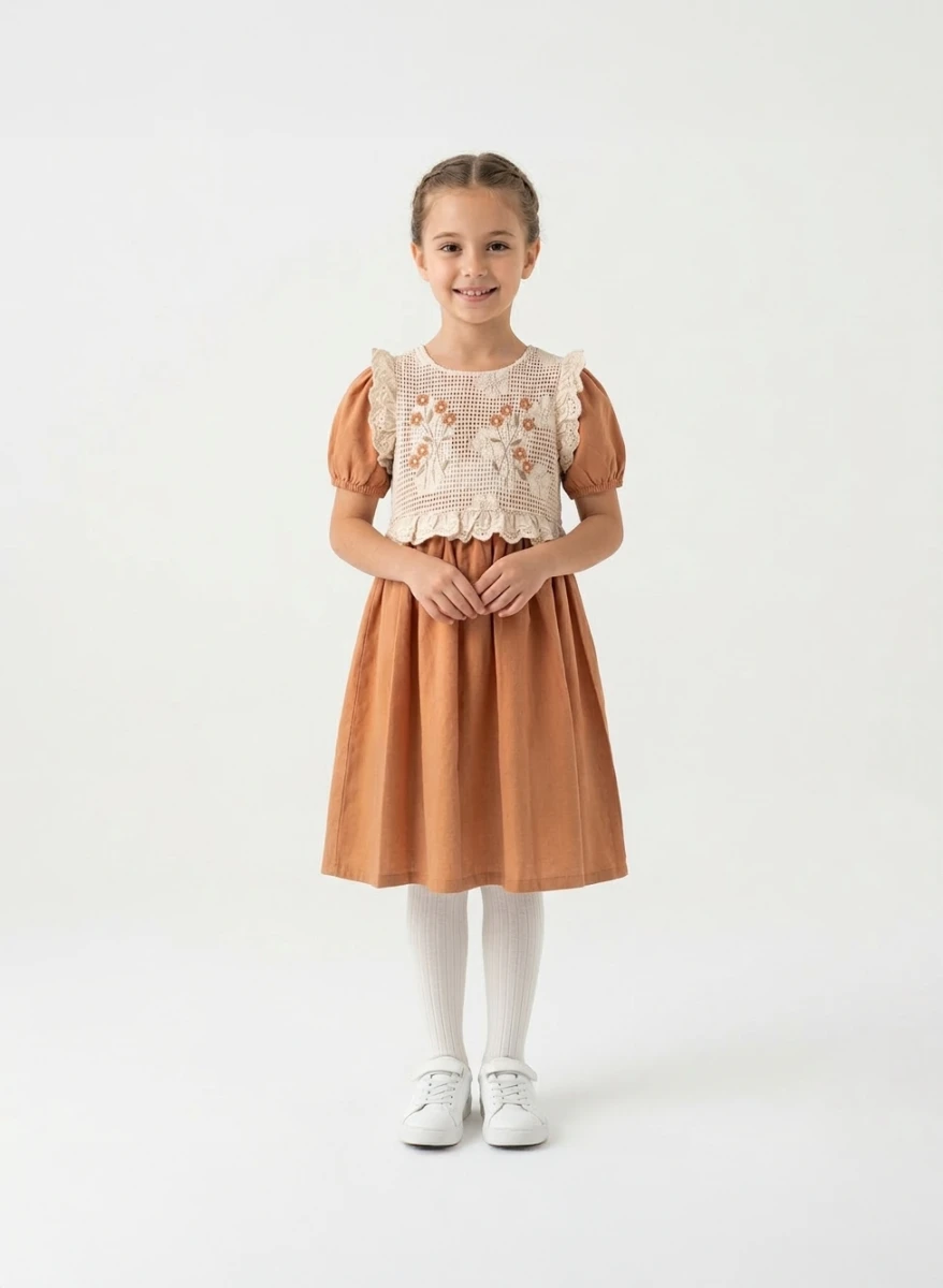 ÖN ROBA NAKIŞLI KIZ ÇOCUK ELBİSE 3088