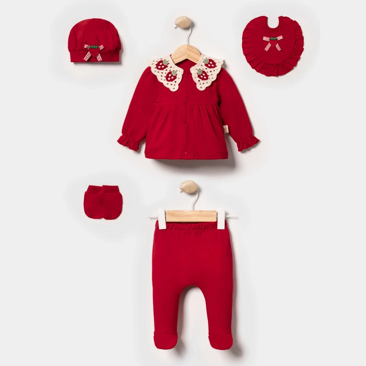 ÖRME ÇİLEK YAKALI PAMUKLU KIZ BEBE 5 Lİ ZIBIN SET 2145
