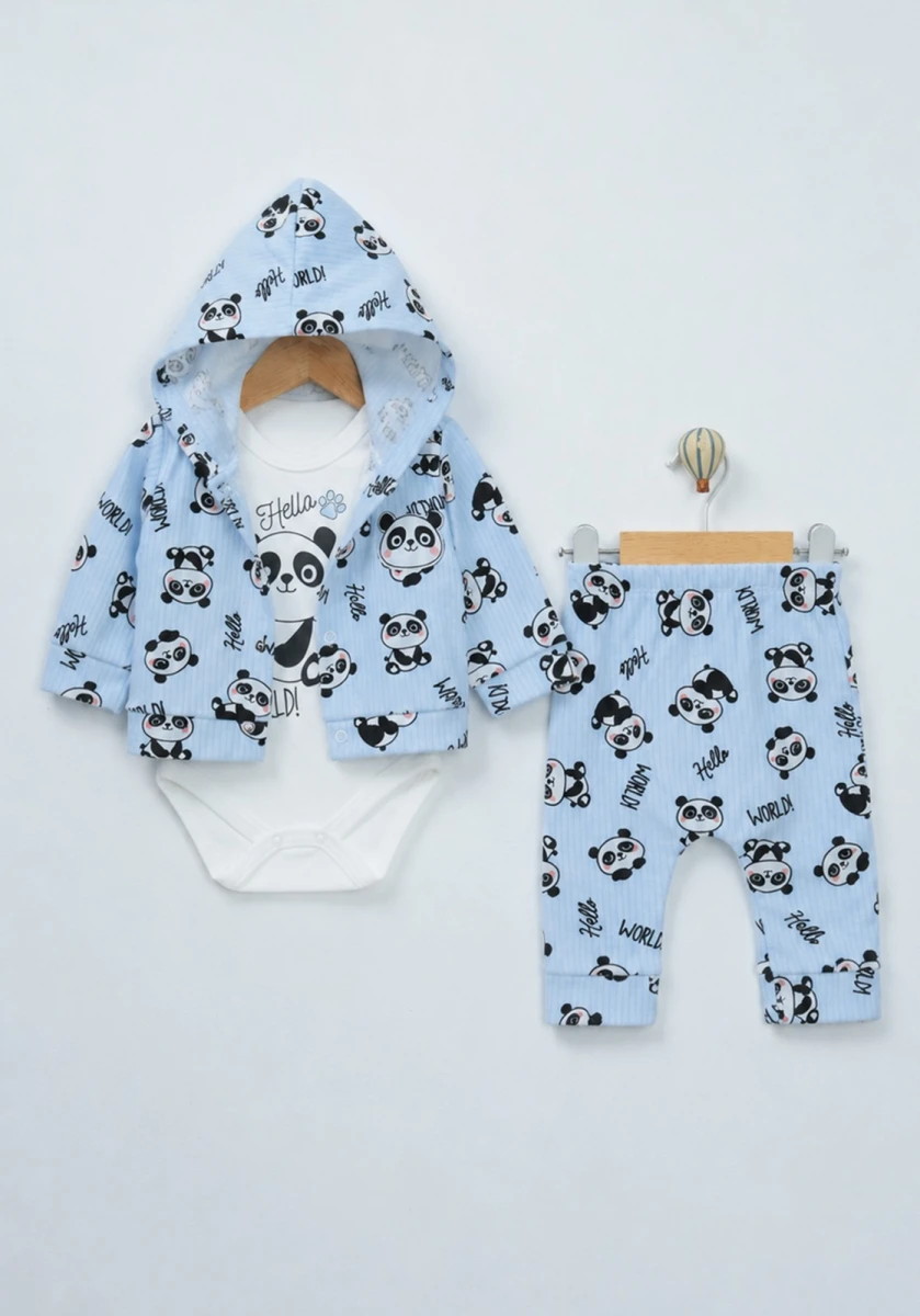 PANDA KAPÜŞONLU PAMUKLU 3 LÜ ERKEK BEBE TAKIM 13010