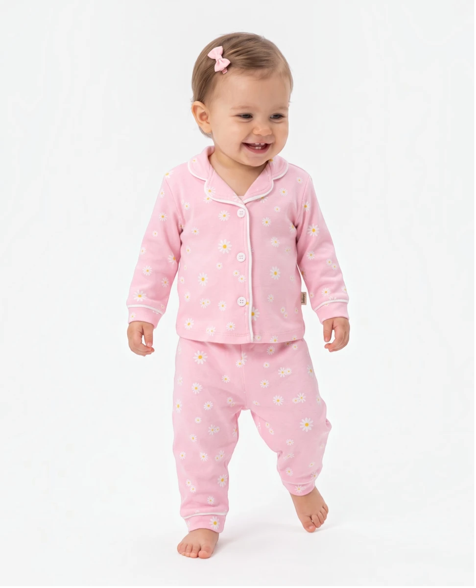 PAPATYA BASKILI PAMUKLU KIZ BEBE PİJAMA TAKIMI 1158