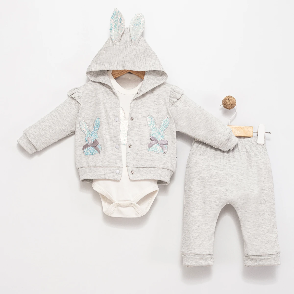 PAYETLİ TAVŞAN NAKIŞLI 3 LÜ BEBE TAKIM 6104