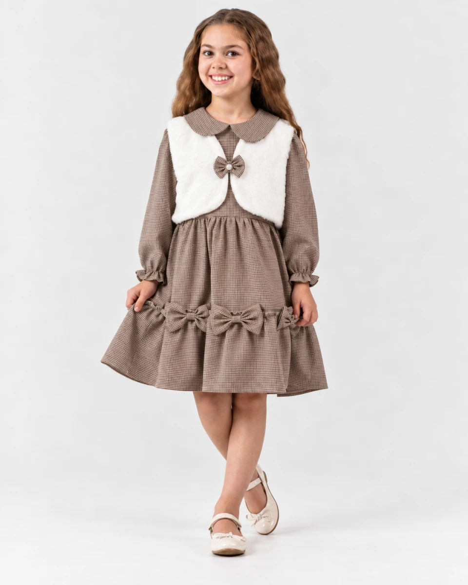 PELUŞ BOLEROLU FİYONKLU KIZ ÇOCUK ELBİSE  871