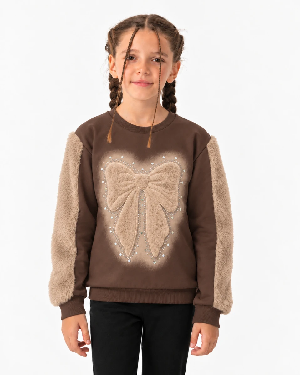 PELUŞ FİYONKLU 2 İP ŞARDONLU KIZ ÇOCUK SWEAT  7919