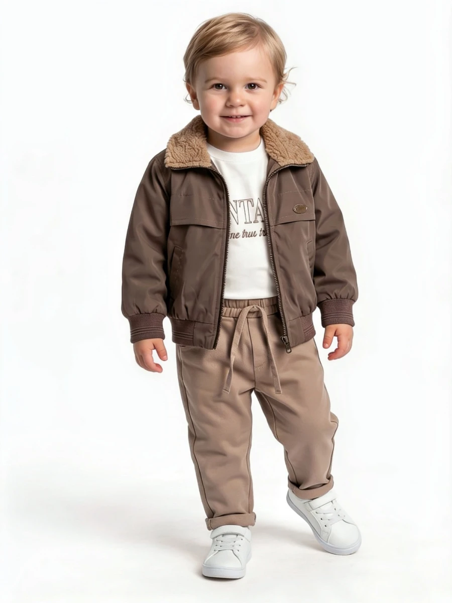 PELUŞ YAKA CEKETLİ 3 LÜ ERKEK BEBE TAKIM 8067