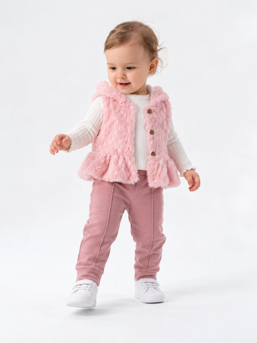 PELUŞ YELEKLİ 3 LÜ KIZ BEBE TAKIM 57654