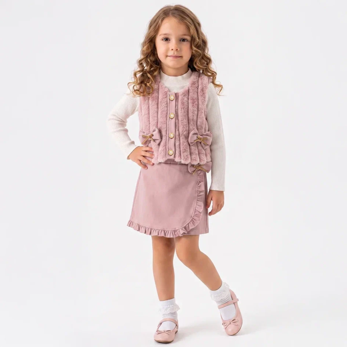 PELUŞ YELEKLİ 3 LÜ KIZ ÇOCUK TAKIM 26501