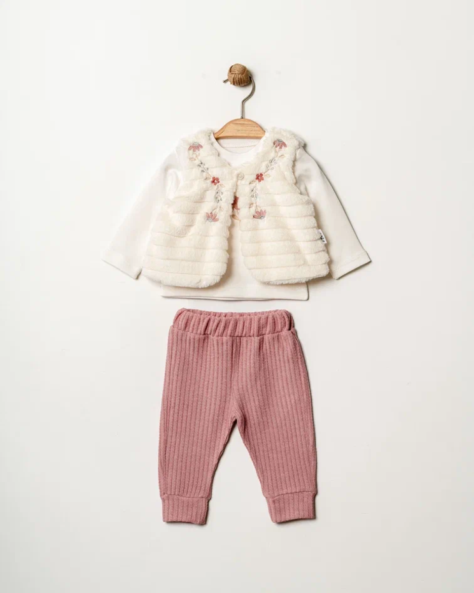 PELUŞ YELEKLİ KIZ BEBE 3 LÜ TAKIM 8446