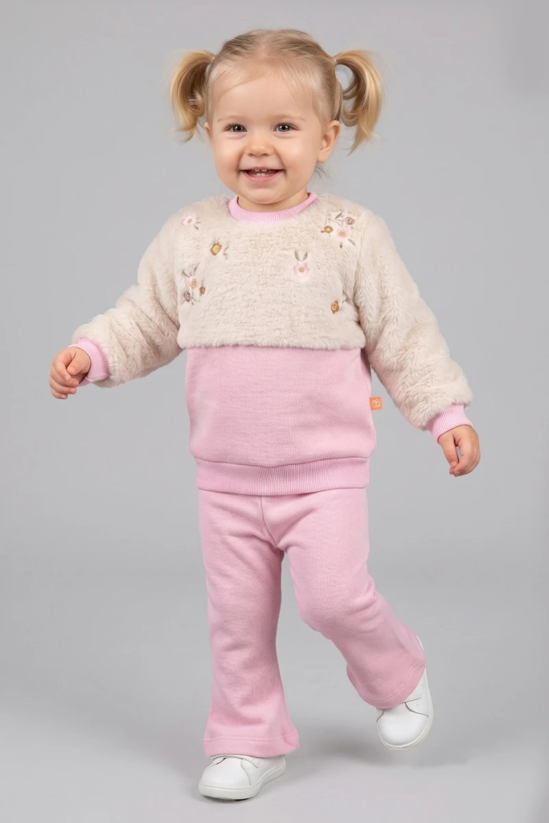 PELUŞLU ÇİÇEK NAKIŞLI 3 İP KIZ BEBE TAKIM 2640