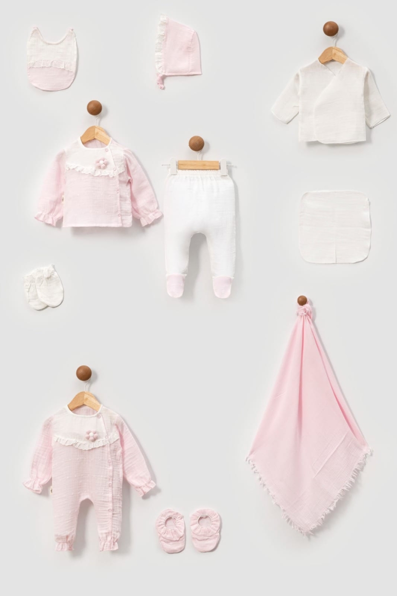 PONPONLU ÇİÇEK AKSESUARLI MÜSLIN FİSTOLU 10 'LU SET