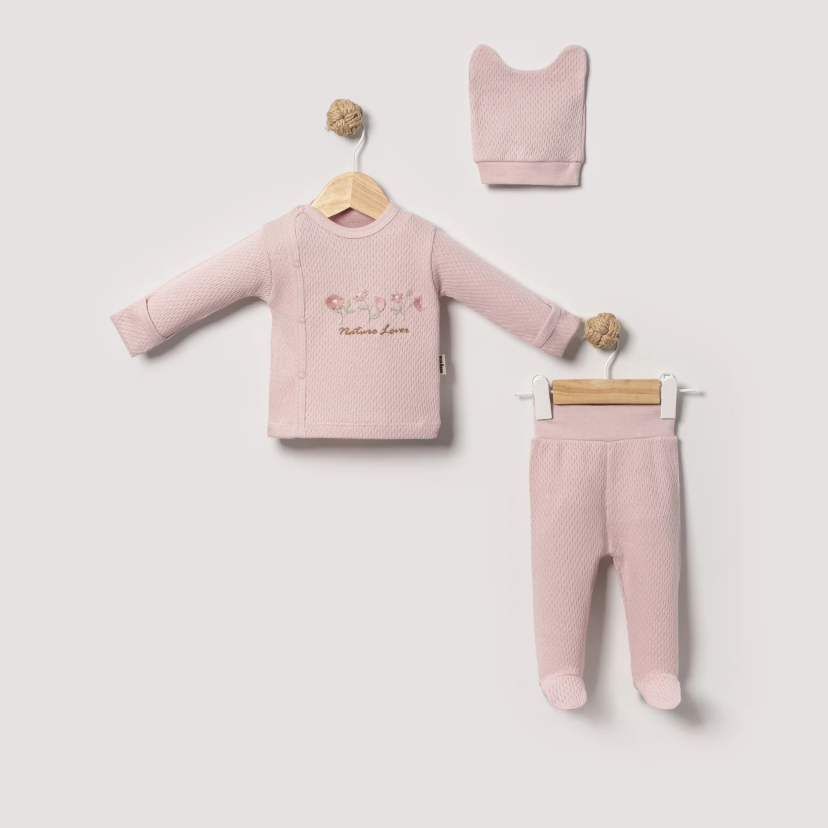 PÜSKÜLLÜ ÇİÇEK PAMUKLU 3 LÜ KIZ BEBE TAKIM 9468