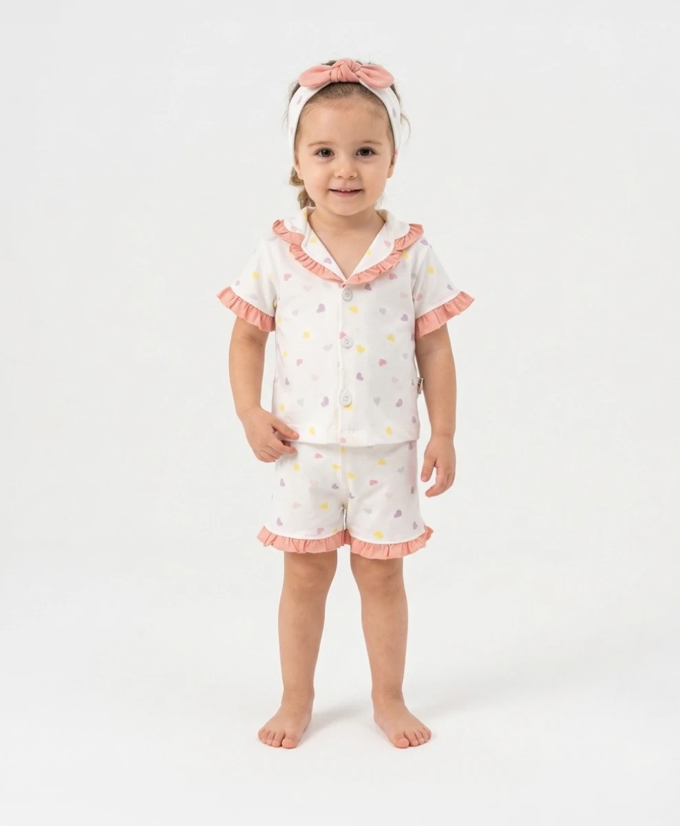 RENKLİ KALPLİ FIRFIRLI KIZ BEBE YAZLIK PİJAMA TAKIM 6083