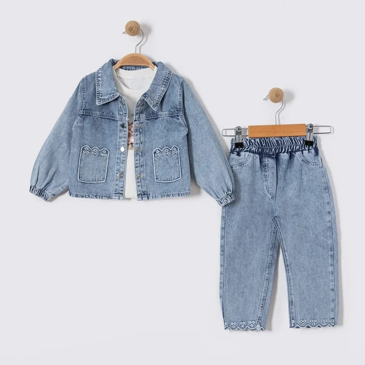ŞEMSİYE DESEN BADİLİ DENİM 3 LÜ KIZ BEBE TAKIM 1353