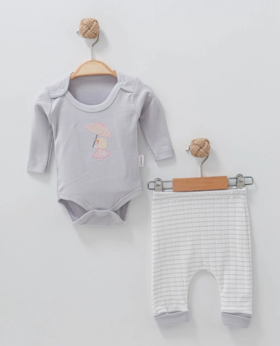 ŞEMSİYE NAKIŞLI KIZ BEBE İKİLİ BADY TAKIM 2431