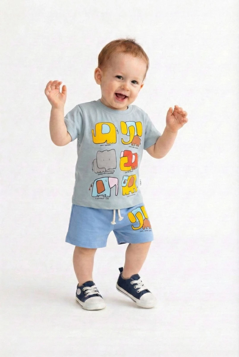 SEVİMLİ FİLLER BASKILIERKEK BEBE 2 Lİ TAKIM 2076