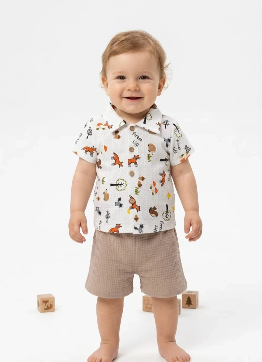 SEVİMLİ HAYVANLAR BASKILI ERKEK BEBE MÜSLİN 2'Lİ TAKIM 016