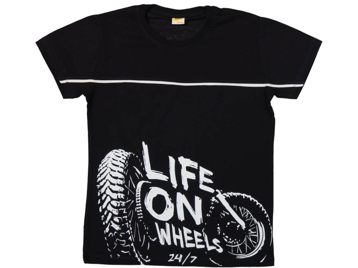 SIFIR YAKA LIFE ON WHEELS BASKLI T-SHIRT 