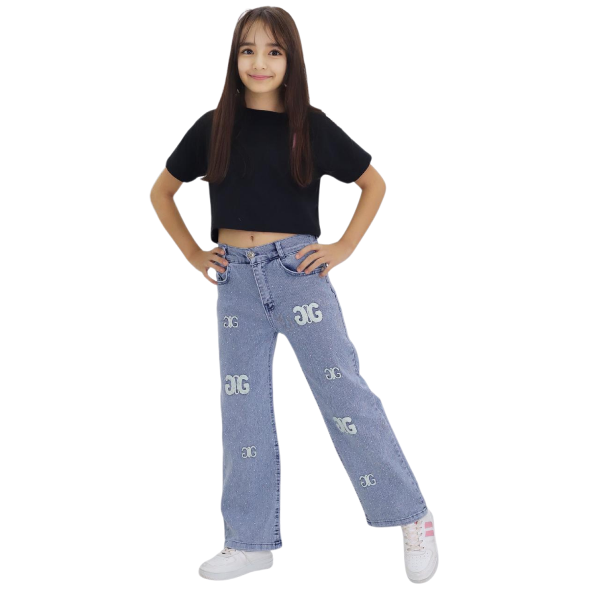 TAŞ VE NAKIŞ İŞLEMELİ KIZ ÇOCUK KOT PANTALON 1228