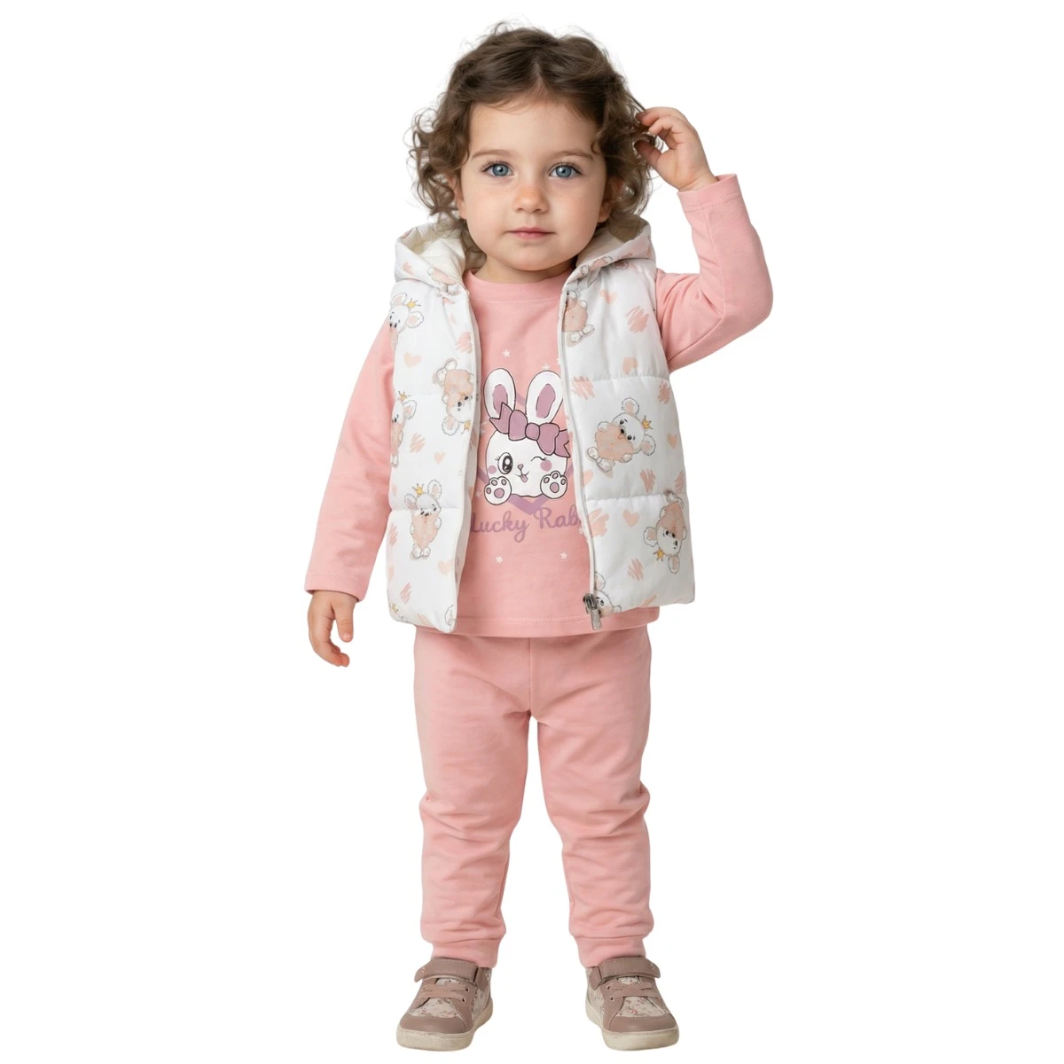 TAVŞAN DESENLİ ELYAFLI YELEKLİ 3 LÜ KIZ BEBE TAKIM 0520