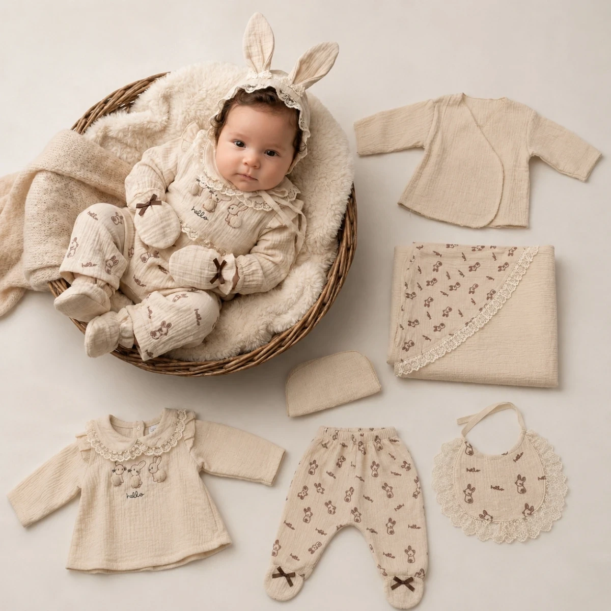 TAVŞAN KABARTMALI KULAKLI KIZ BEBE 10 LU ZIBIN SET 10032