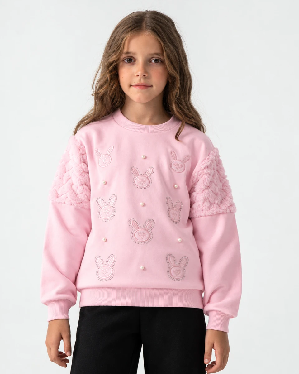 TAVŞAN NAKIŞLI 2 İP ŞARDONLU KIZ ÇOCUK SWEAT 7948