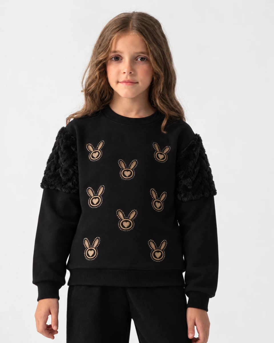 TAVŞAN NAKIŞLI 2 İP ŞARDONLU KIZ ÇOCUK SWEAT 7949