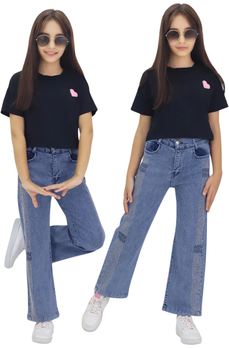 YANLARI TAŞ İŞLEMELİ KIZ ÇOCUK KOT PANTALON 1220