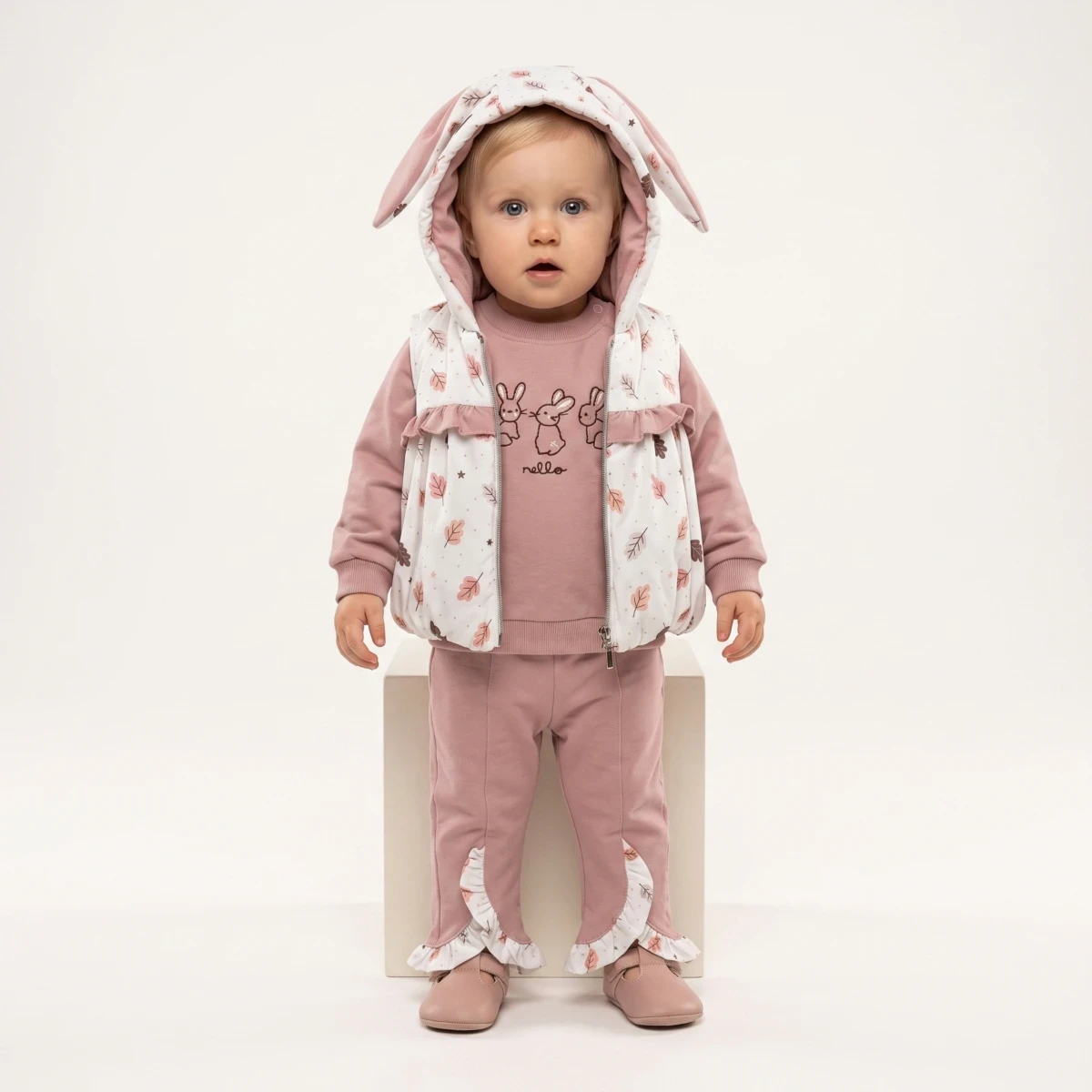 YAPRAK DESENLİ TAVŞAN KULAKLI 3 LÜ KIZ BEBE TAKIM 2558