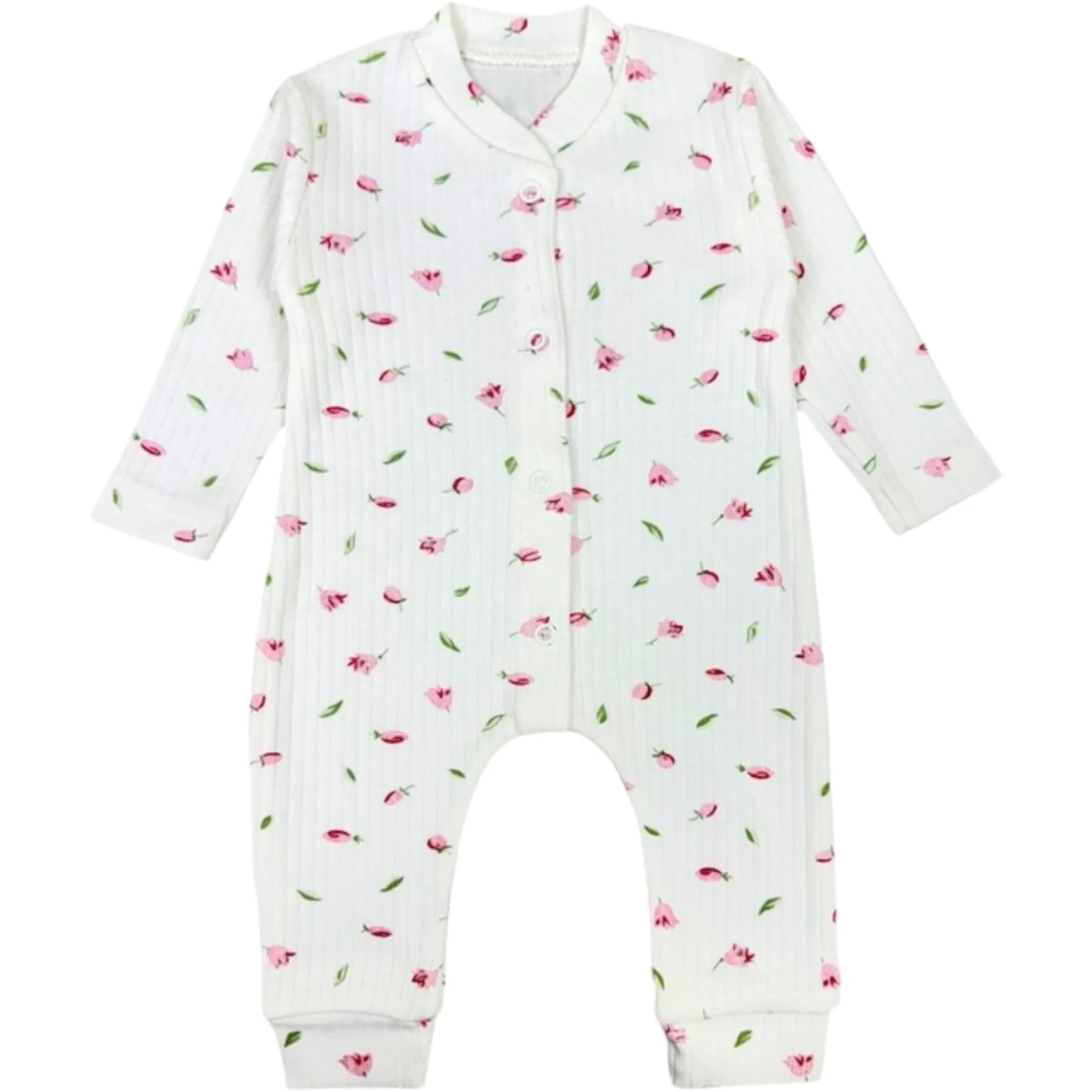 YAPRAKLI ÇİÇEK BASKILI MANŞETLİ BEBE TULUM 100154