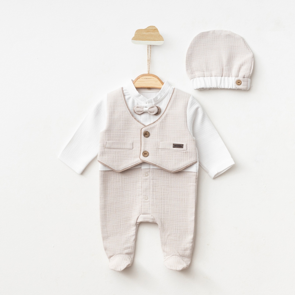 YELEKLİ PAPYONLU ŞAPKALI BEBE TULUM 7780