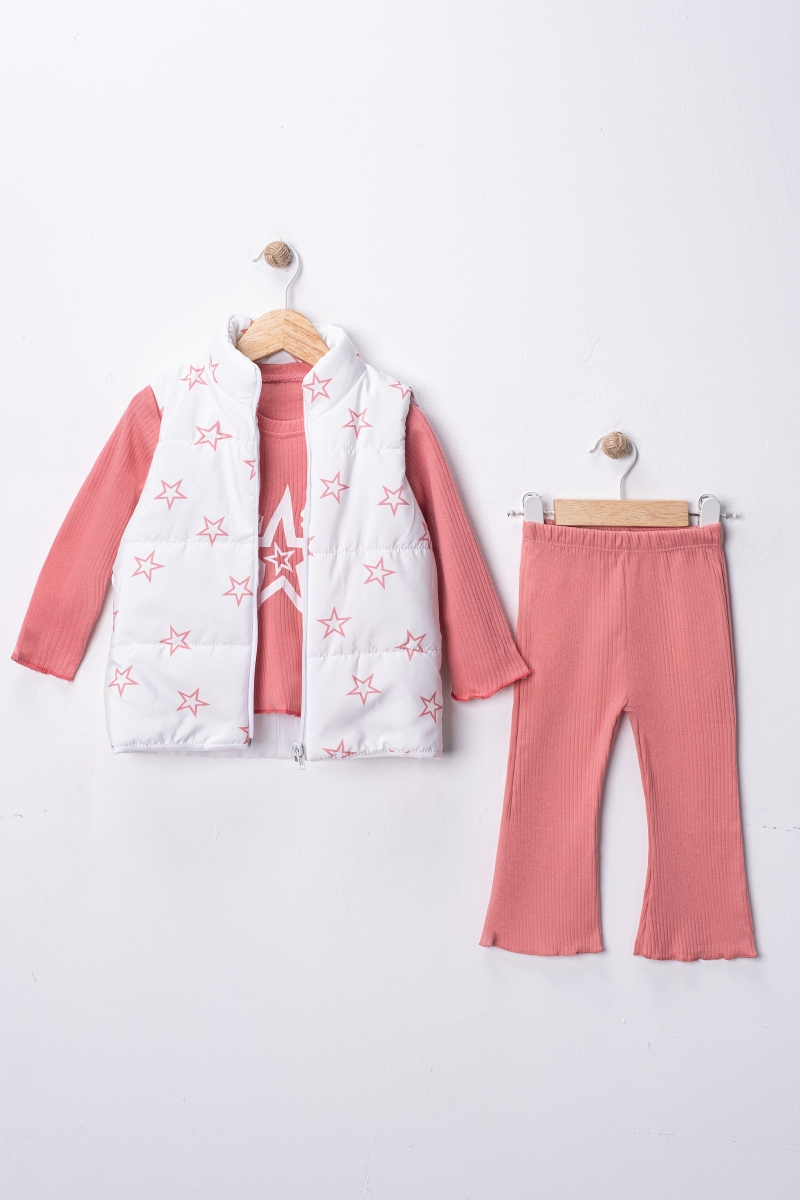 YILDIZ BASKILI ŞİŞME YELEKLİ KIZ BEBE TAKIM 2333
