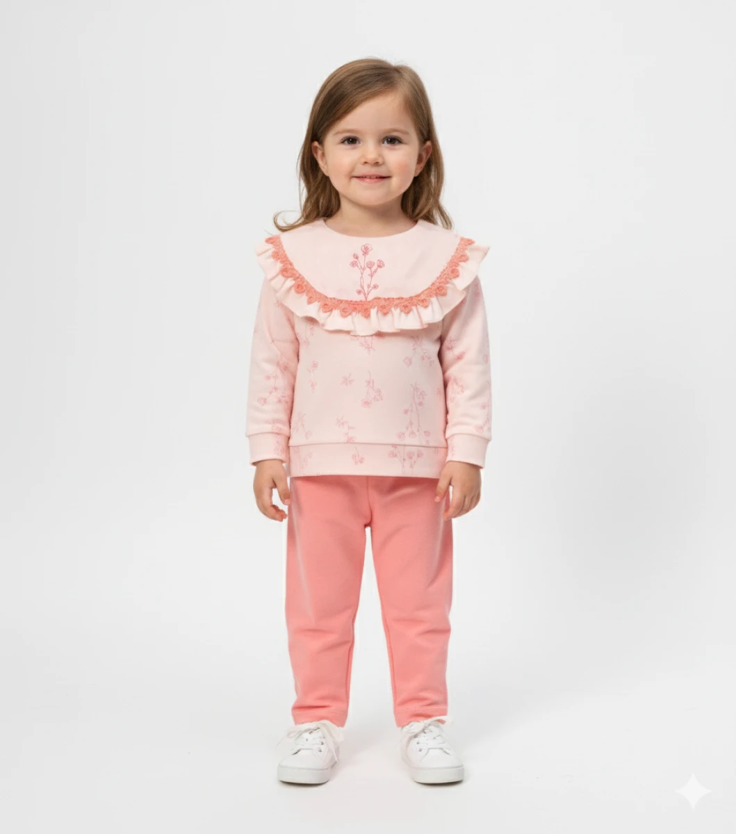 ZARİF ÇİÇEK NAKIŞLI KIZ BEBE İKİLİ TAKIM 3058