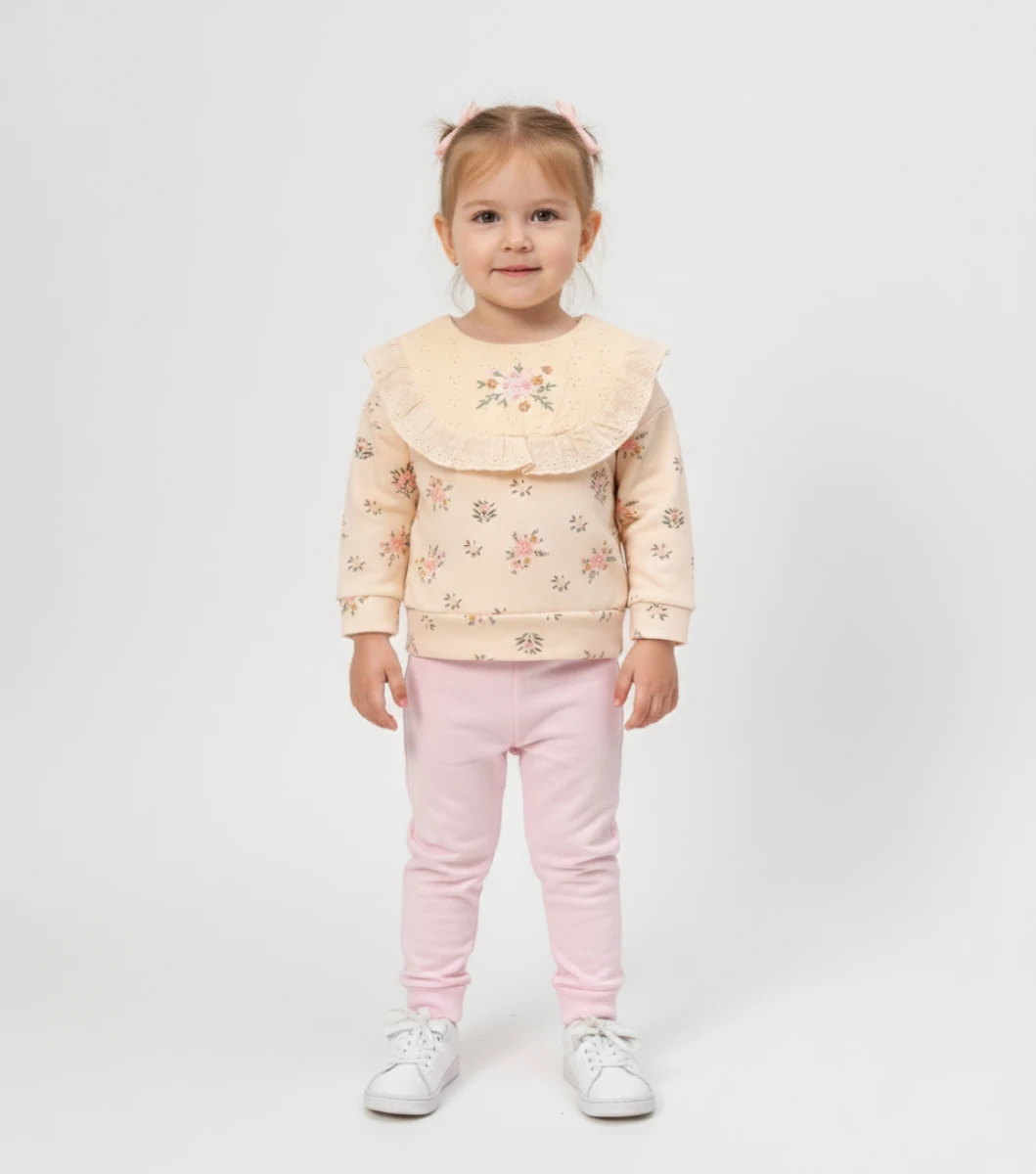 ZARİF ÇİÇEKLİ ÖN NAKIŞLI FIRFIRLI İKİLİ KIZ BEBE TAKIM 3032