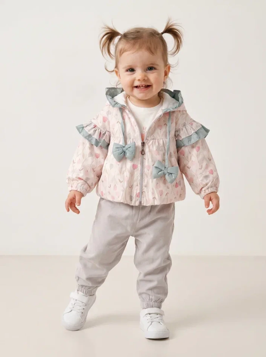 FIRFIRLI  FİYONK DETAYLI 3 LÜ KIZ BEBE TAKIM 6516