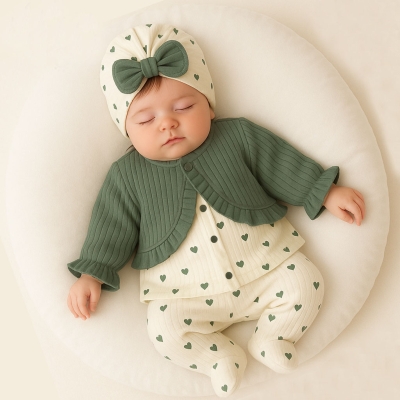 ARMİNA KALP BASKILI 3 LÜ KIZ BEBE TAKIM 8016