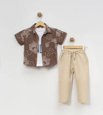 BASKI DETAYLI PANTALONLU ERKEK ÇOCUK MÜSLİN TAKIM 7536
