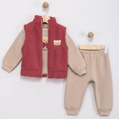 BEAR NAKIŞLI YELEKLİ 3 İP KIZ BEBE TAKIM 57488