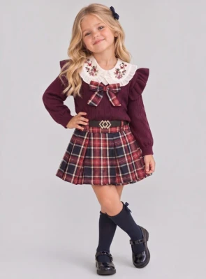 BEBE YAKA GÖMLEK EKOSE ETEKLİ 3 LÜ KIZ ÇOCUK TAKIM 108