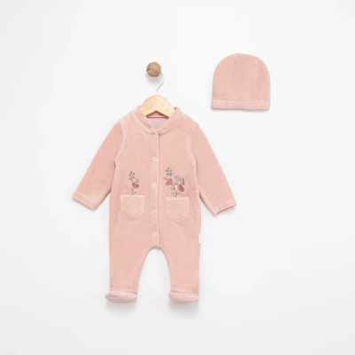 CEP VE ÇİÇEK NAKIŞLI KADİFE BEBE TULUM 1255