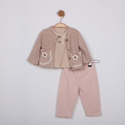 ÇİÇEK AKSESUARLI CEPLİ HIRKALI BEBE TAKIM 1613