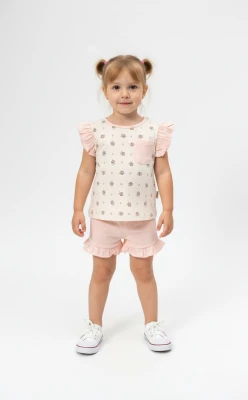 ÇİÇEK BASKILI CEPLİ AYLIK KIZ BEBE YAZLIK TAKIM 6036
