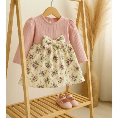 ÇİÇEK BASKILI FİYONK DETAYLI BEBE ELBİSE 8018