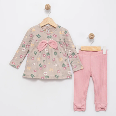 ÇİÇEK BASKILI FİYONKLU KIZ BEBE TAKIM 56636