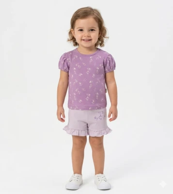ÇİÇEK BASKILI KOL BÜZGÜLÜ KIZ BEBE İKİLİ TAKIM 6037