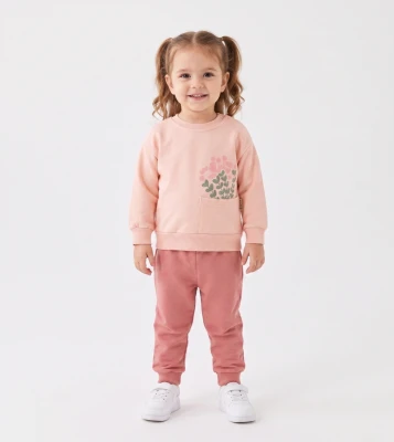 ÇİÇEK BASKILI ÖN CEPLİ KIZ BEBE İKİLİ TAKIM 3360