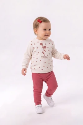  ÇİÇEK BASKILI RAPORLU 2 İP KIZ BEBE TAKIM 5450