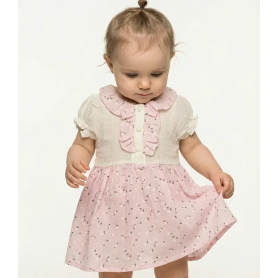 ÇİÇEK DESENLİ İNCİ DÜĞMELİ YAZLIK KIZ BEBE ELBİSE 2618