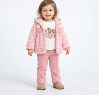 ÇİÇEK DETAY PELUŞ CEKETLİ 3 LÜ KIZ BEBE TAKIM  8532